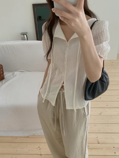 花苞手袖微透綁結雪紡衫3