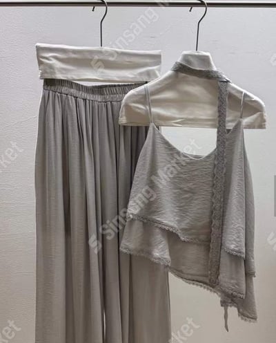 斜襬雙層拼接蕾絲背心＋鬆緊寬褲SET11