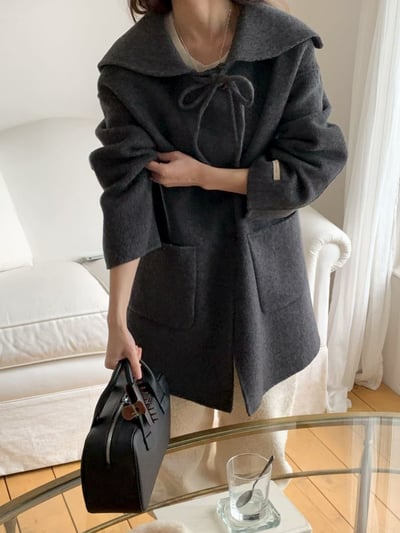 前綁結娃娃圓領羊毛100%大衣12