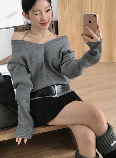 繞頸綁結Ｖ領針織衣10