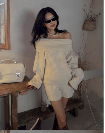 反摺平領羊毛針織衣＋鬆緊短褲SET8