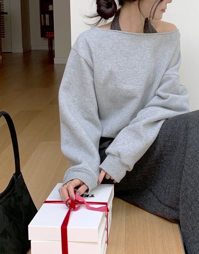 斜肩內抓絨素色大學Ｔ6