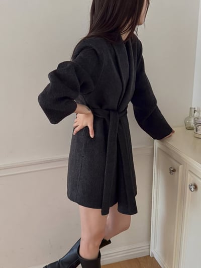 混羊中長款毛手工大衣（附綁帶）2