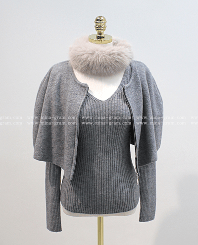 三件組｜Ｖ領坑紋針織衣+小斗篷＋可拆毛圈SET18