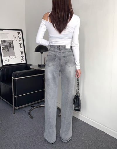 霧灰刷色高腰微寬直筒褲6