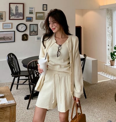 針織背心+抽繩三分短褲+排釦罩衫SET5