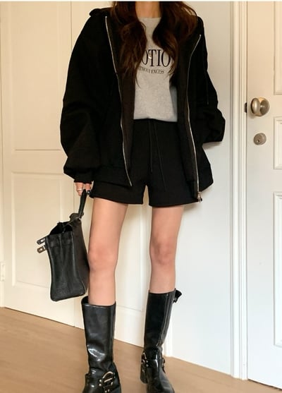 內刷毛連帽寬鬆外套＋短褲SET1