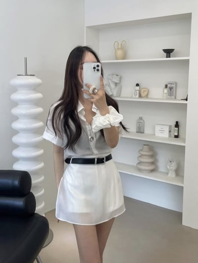 小光澤微透感短袖襯衫＋後鬆緊Ａ字褲裙SET4