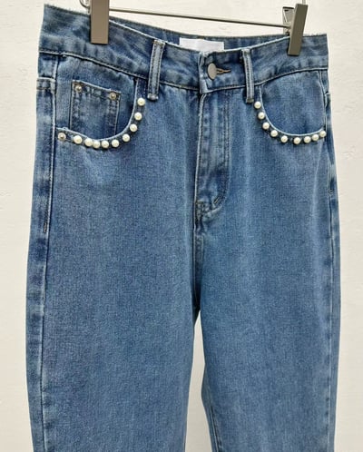 珍珠口袋滾邊直筒牛仔褲9