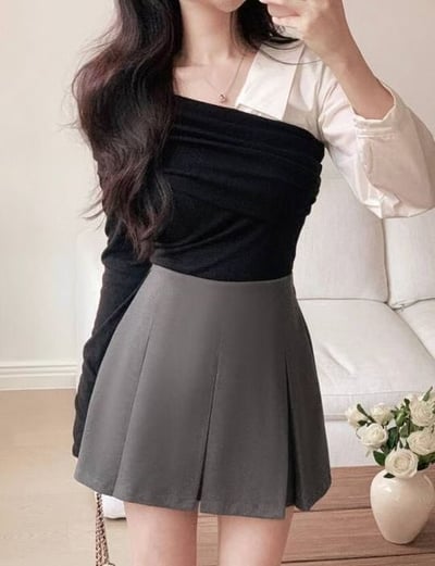 (客訂勿下單）不規則單斜肩拼接襯料上衣2