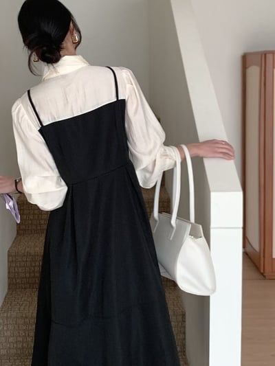 假兩件造型雪紡＋傘擺雪紡吊帶長洋6