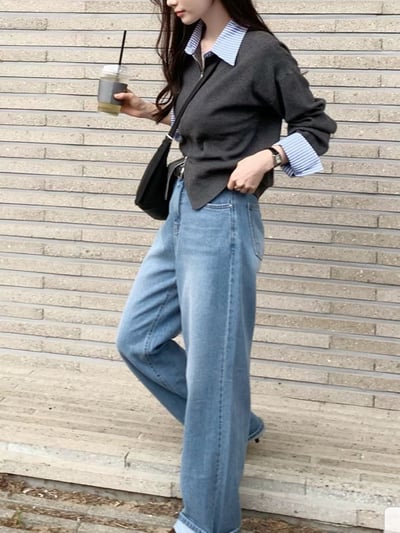 拼接直紋襯領雙拉鍊針織衫11