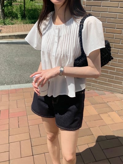 圓領打褶造型壓紋傘擺棉麻衫13
