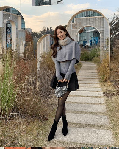 三件組｜Ｖ領坑紋針織衣+小斗篷＋可拆毛圈SET7