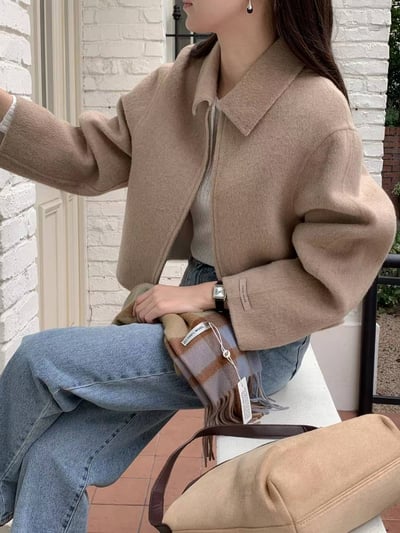 翻領拉鍊短版手工羊毛外套4