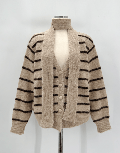 附綁巾V領橫條紋針織外套＋長裙SET13