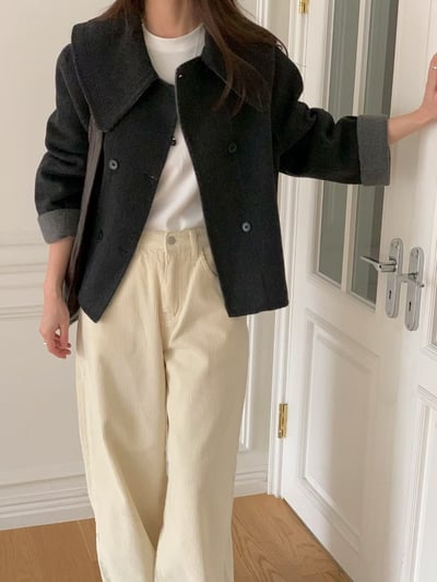 大翻領跳色反折袖手工羊毛外套（100%）2