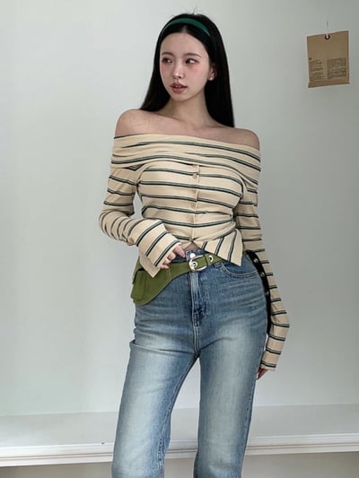 反折平領排釦下開衩橫條紋針織衫8