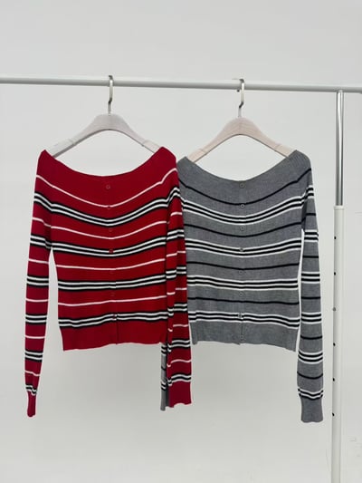 螺紋平領排釦條紋薄針織衣22