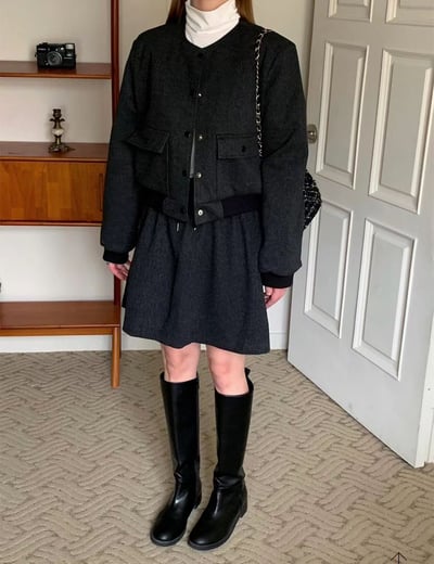 雙口袋磨毛夾克＋鬆緊磨毛短褲裙SET4