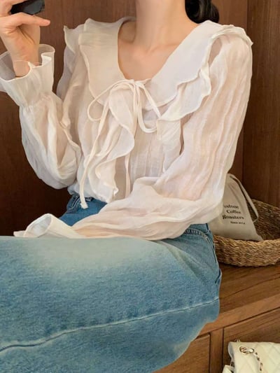 波浪滾邊綁結雪紡衫6