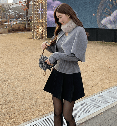 三件組｜Ｖ領坑紋針織衣+小斗篷＋可拆毛圈SET12