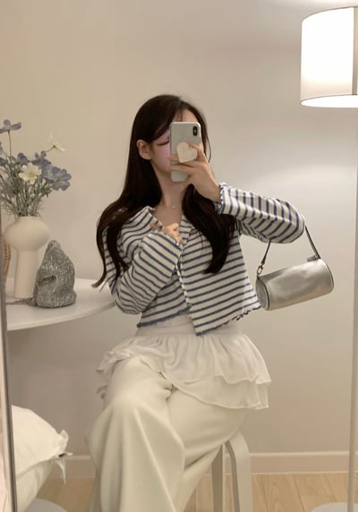 橫條紋排釦捲邊短版針織小外套4