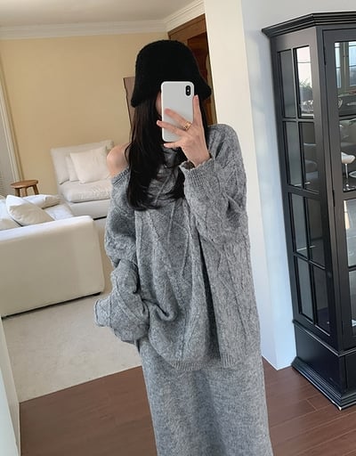 斜肩長版麻花針織衣+鬆緊落地長裙SET3