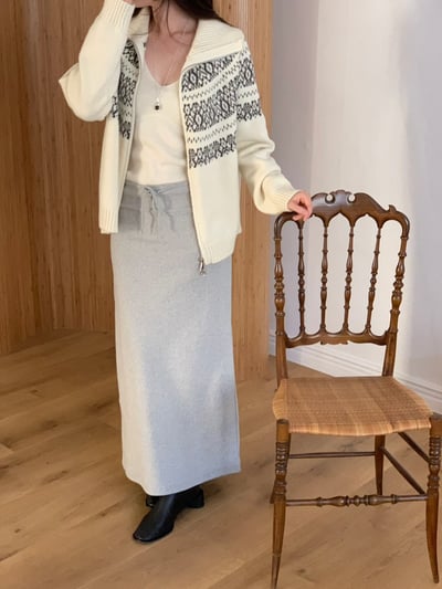 接螺紋翻領圖騰拉鍊針織外套1