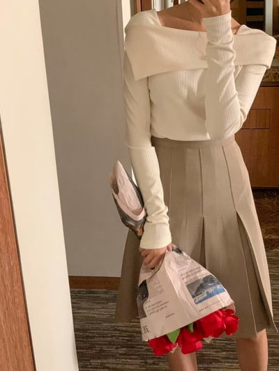 反摺斜肩坑紋針織衣4