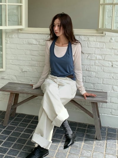 假兩件撞色打底衣＋繞頸背心套組9