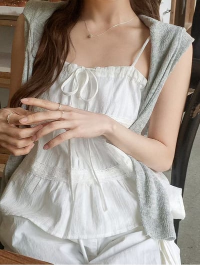 前綁結蕾絲細肩棉麻背心9