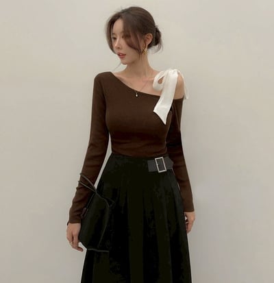 斜肩雪紡綁帶上衣17