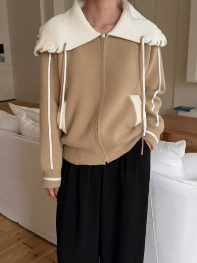 配色縫線滾邊翻領拉鍊針織衫5