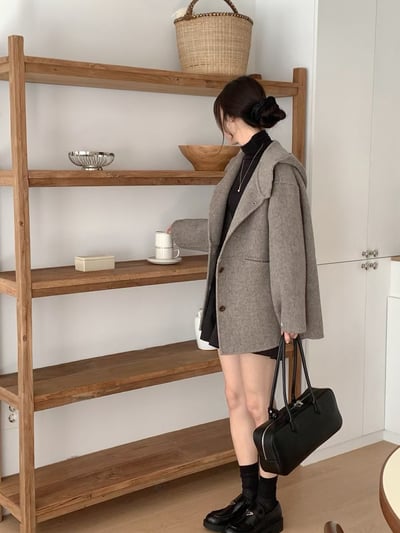 連帽壓線口袋手工羊毛100%長版大衣6