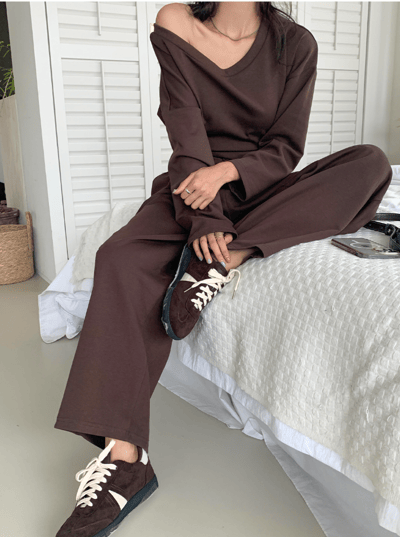 後綁帶露肩衛衣+鬆緊長褲SET5