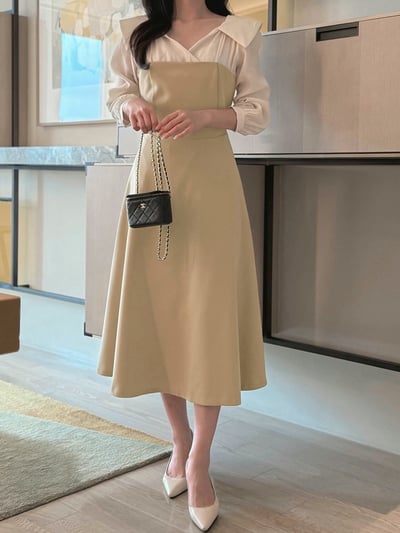 翻領層次拼接傘擺長洋9