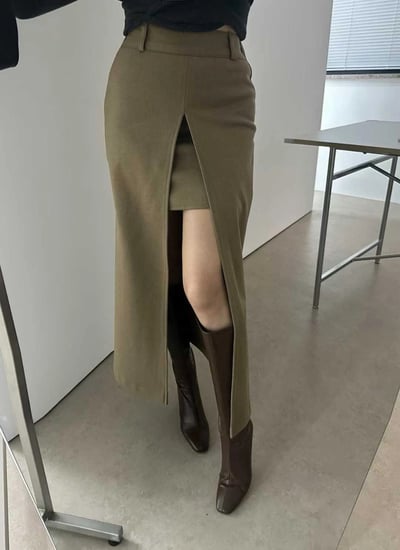 前大開衩雙層造型毛呢長裙5