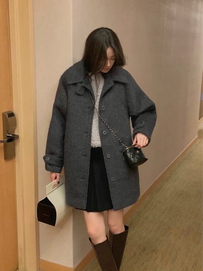 可高領毛流中長版大衣（羊毛100％）2
