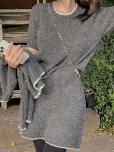 三件套｜滾邊短袖針織衫＋排釦外套＋短裙SET7