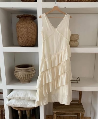 蕾絲V領小花刺繡斜邊層次蛋糕長洋5