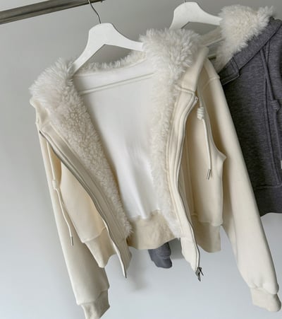 毛毛大翻領設計連帽外套＋鬆緊長褲SET10