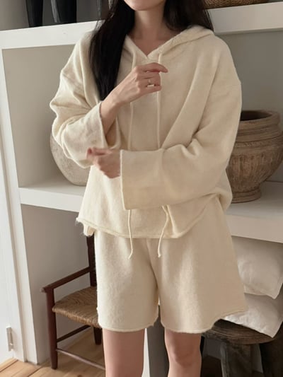 抽繩連帽針織衫＋鬆緊三分針織褲SET1