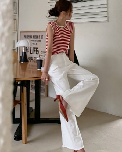 配色半包袖橫條紋薄款針織Ｔ4