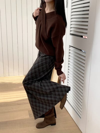 高腰隱藏釦菱格紋磨毛長裙4
