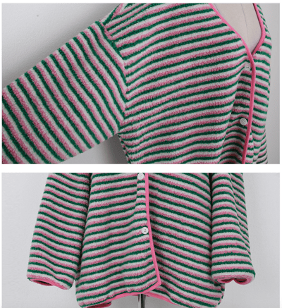 落肩配色橫條紋磨毛開襟外套13