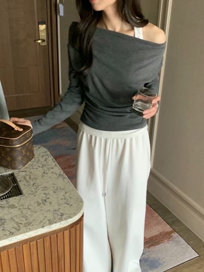 休閒刷薄毛抽繩落地寬褲4