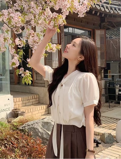 （客訂勿下單)綁結領前壓摺公主袖雪紡衫5