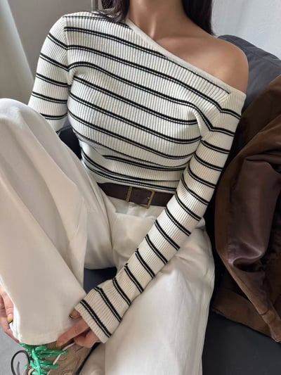斜肩細坑條橫紋針織衣7