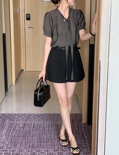 （客訂勿下單)綁結領前壓摺公主袖雪紡衫6